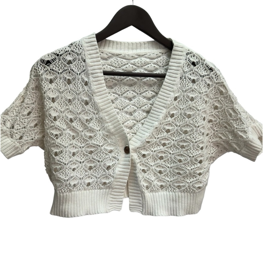 Calvin Klein White Open Knit Cropped Short Sleeve Bolero Sweater Size M
